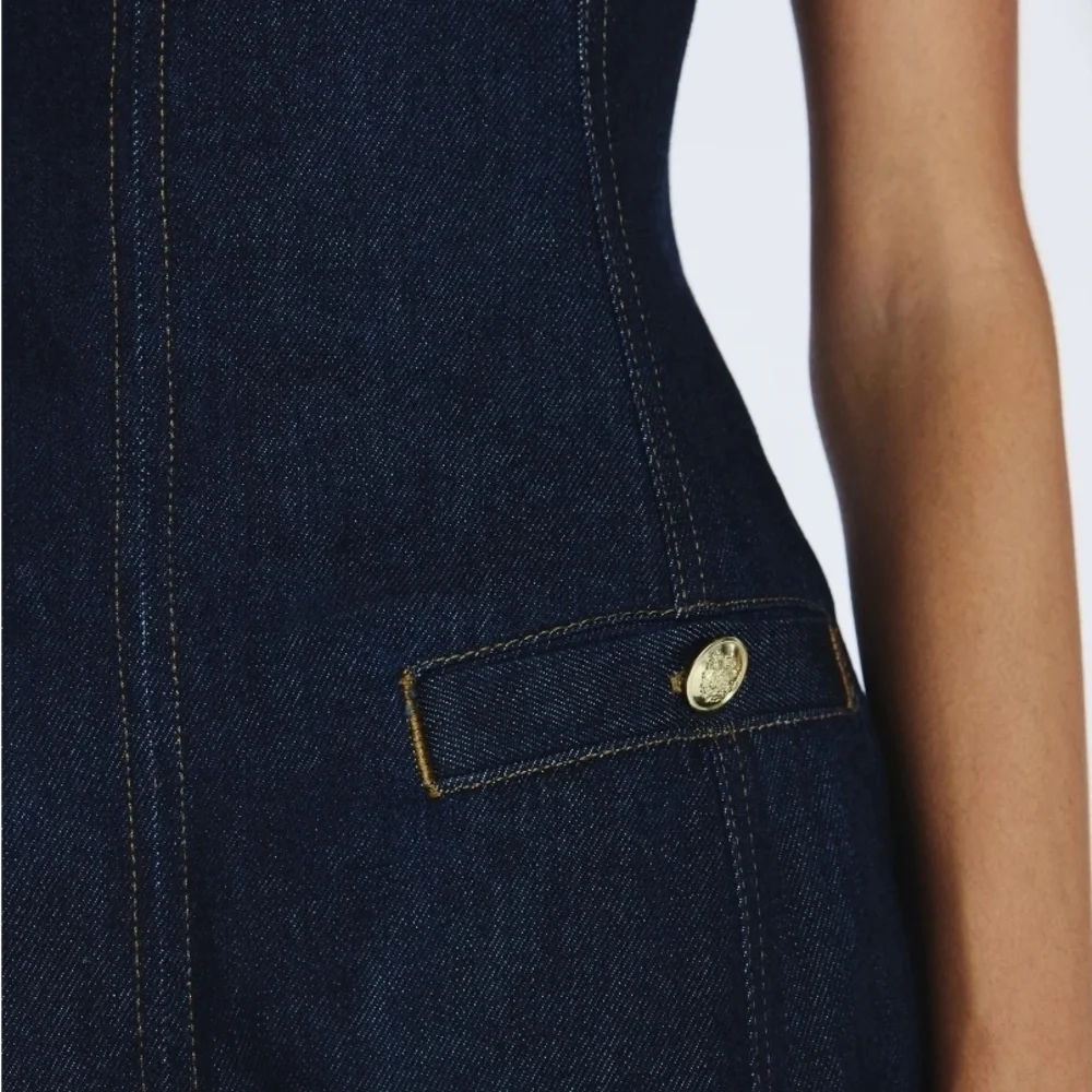 Free Assembly NEW Denim Mini Dress Gold Buttons 100% Cotton Dark Indigo - Picture 5 of 10
